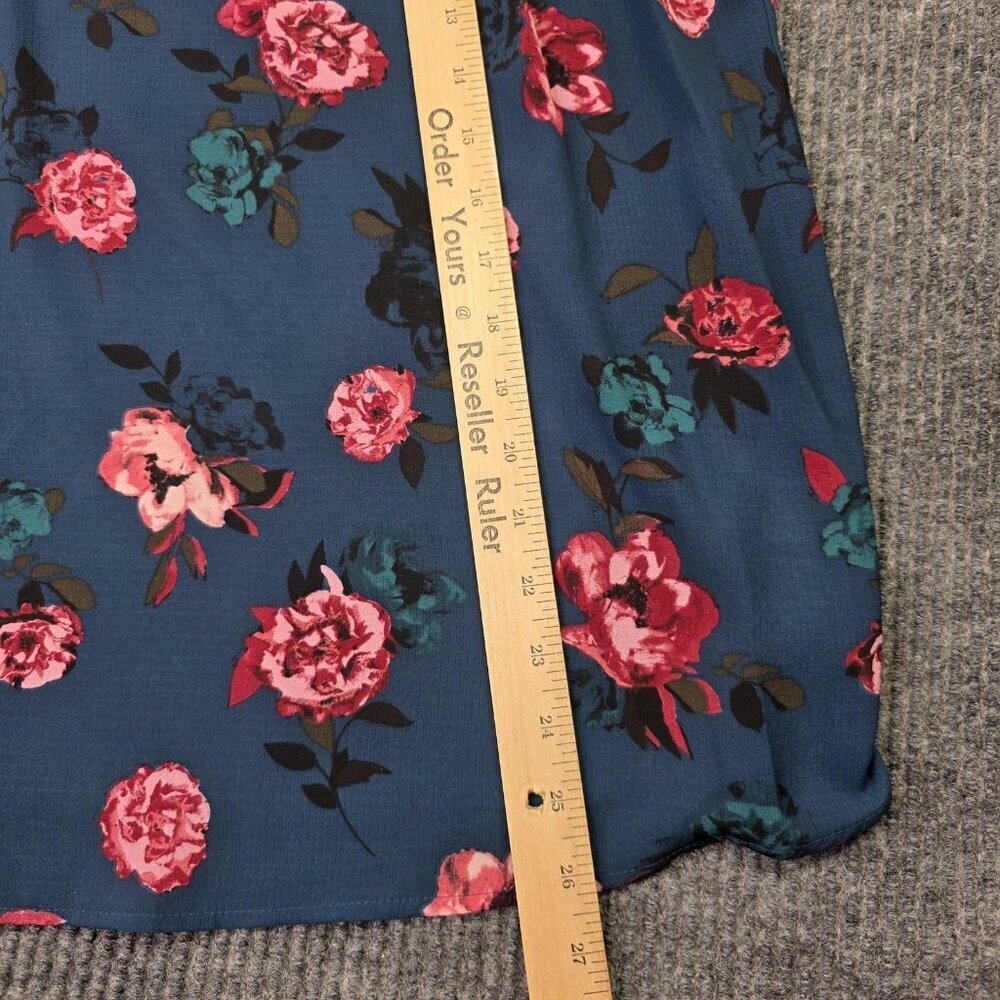 Elle Blouse Womens XL Blue Floral Bell Sleeve Pullover Top Pink Teal Rose Print - Picture 8 of 12